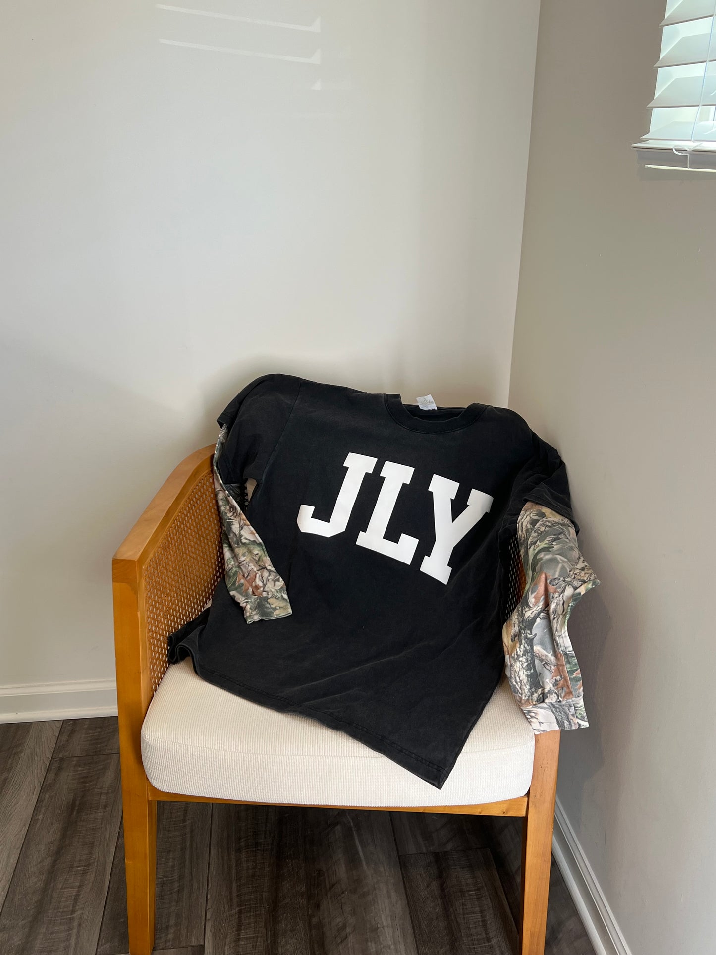 Oversized Jesus Loves You (JLY) Vintage Black and Wood Camo Longsleeve, Christian apparel