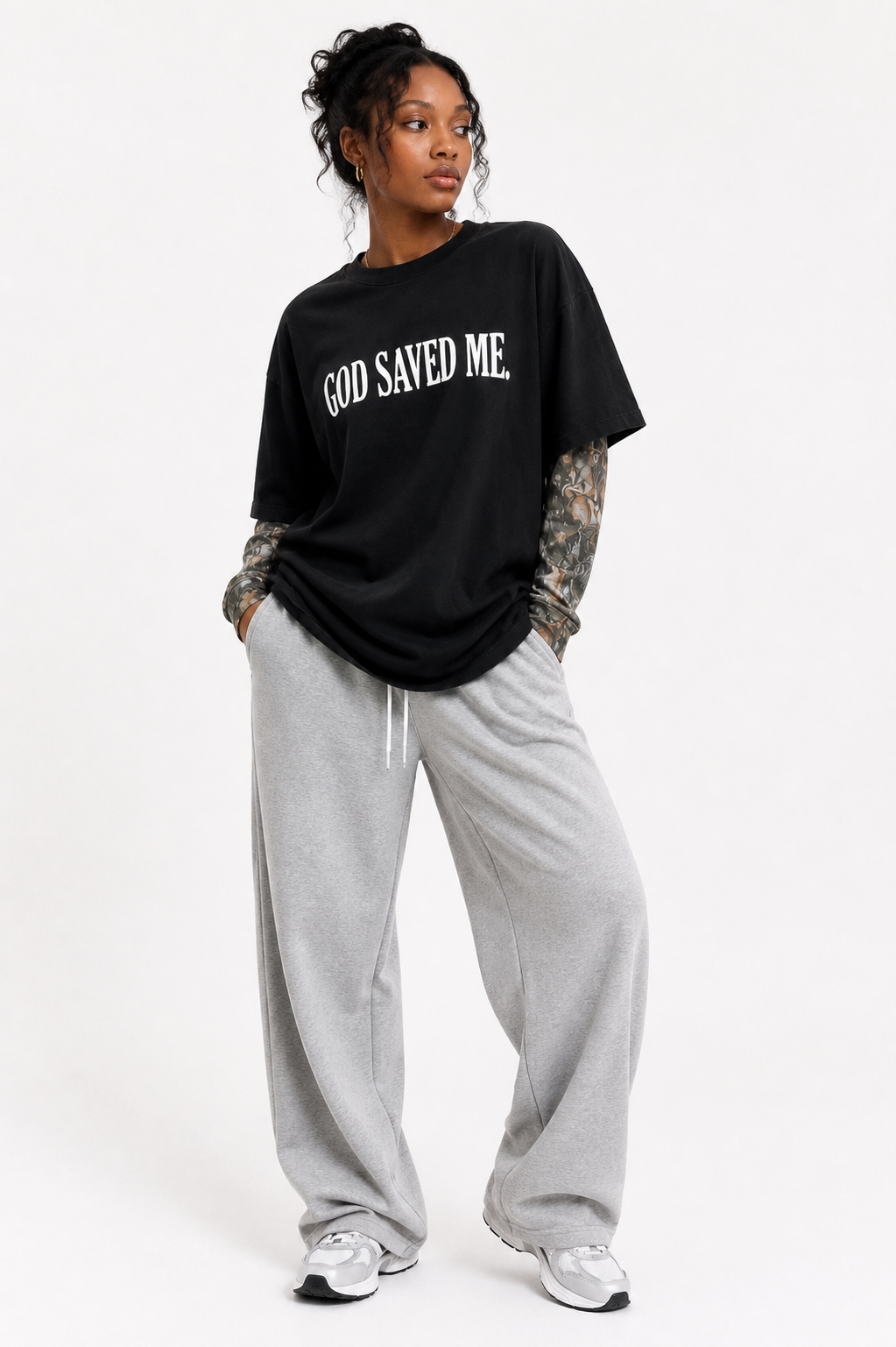 Oversized “GOD SAVED ME” Vintage Black and Wood Camo Long-sleeve, Christian apparel