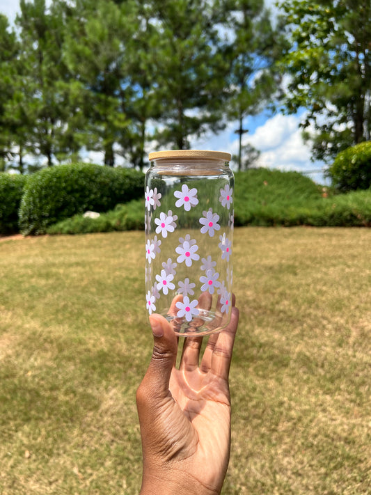 Handmade Libby Glass Cups with White Flowers - Permanent Vinyl Design