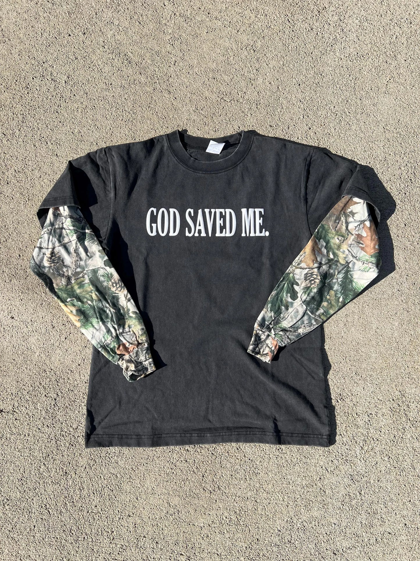 Oversized “GOD SAVED ME” Vintage Black and Wood Camo Long-sleeve, Christian apparel