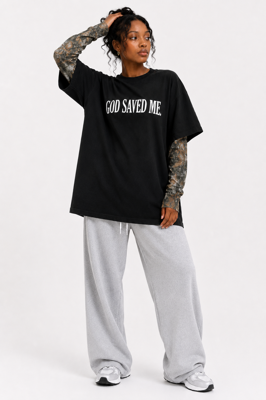 Oversized “GOD SAVED ME” Vintage Black and Wood Camo Long-sleeve, Christian apparel