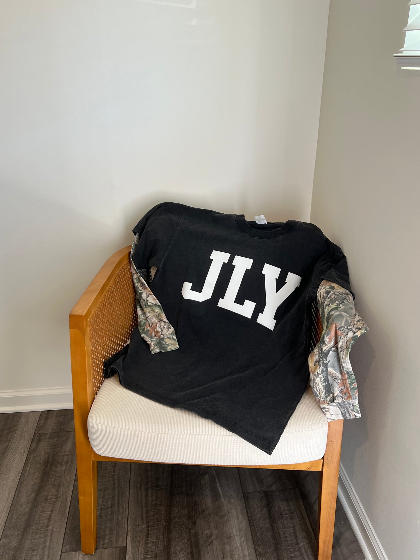 Oversized Jesus Loves You (JLY) Vintage Black and Wood Camo Longsleeve, Christian apparel