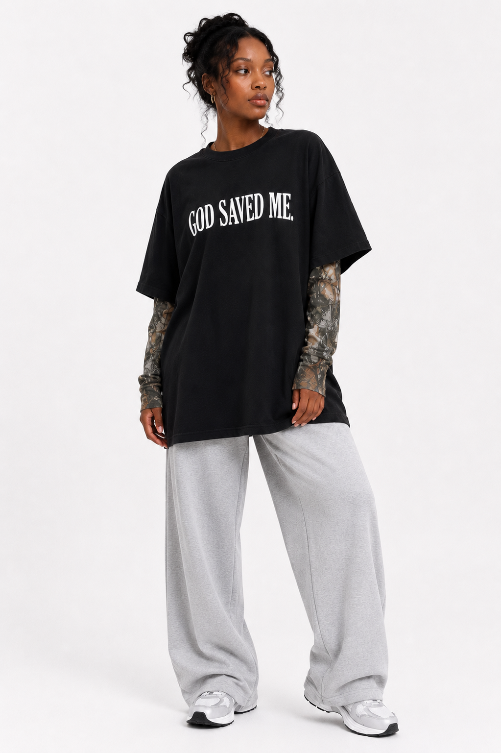 Oversized “GOD SAVED ME” Vintage Black and Wood Camo Long-sleeve, Christian apparel