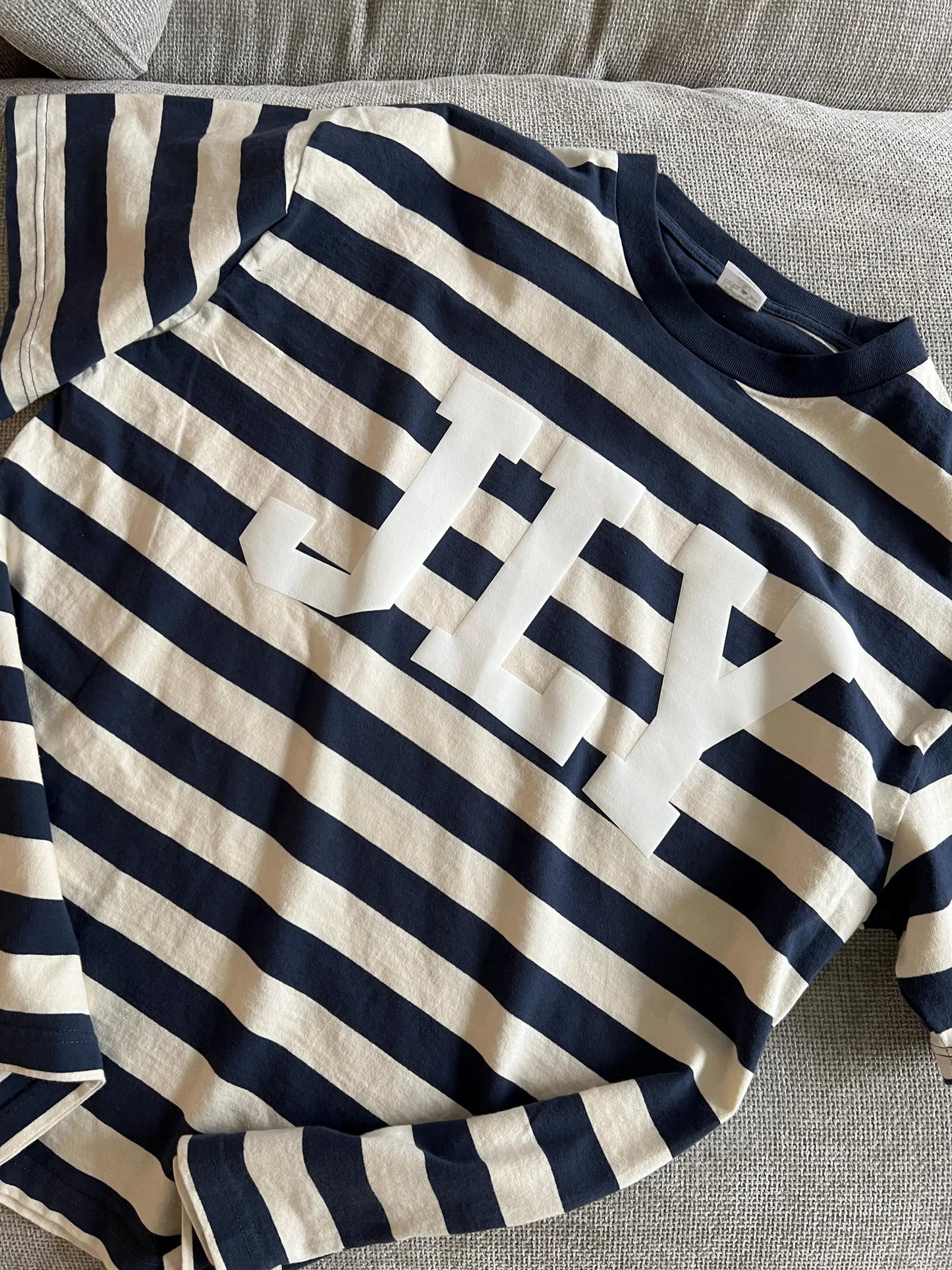 Oversized Jesus Loves You (JLY) Navy Striped T Shirt, Christian Apparel, Christian Tshirt