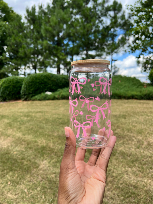 Handmade Libby Glass Cups with Pink Hearts and Bows - Permanent Vinyl Design