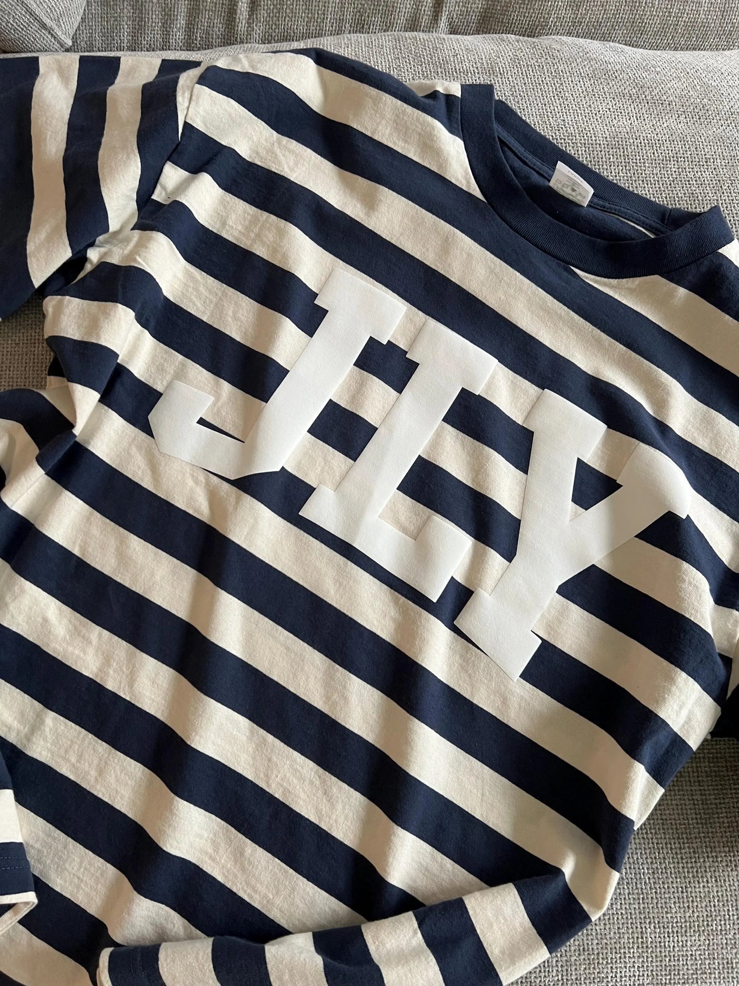 Oversized Jesus Loves You (JLY) Navy Striped T Shirt, Christian Apparel, Christian Tshirt