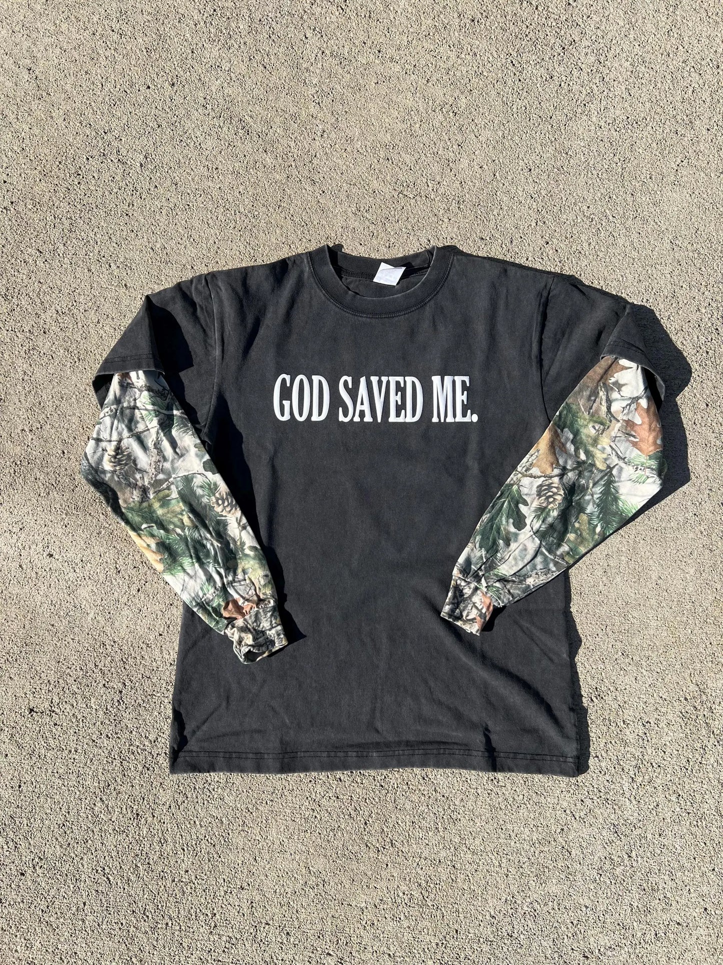 Oversized “GOD SAVED ME” Vintage Black and Wood Camo Long-sleeve, Christian apparel