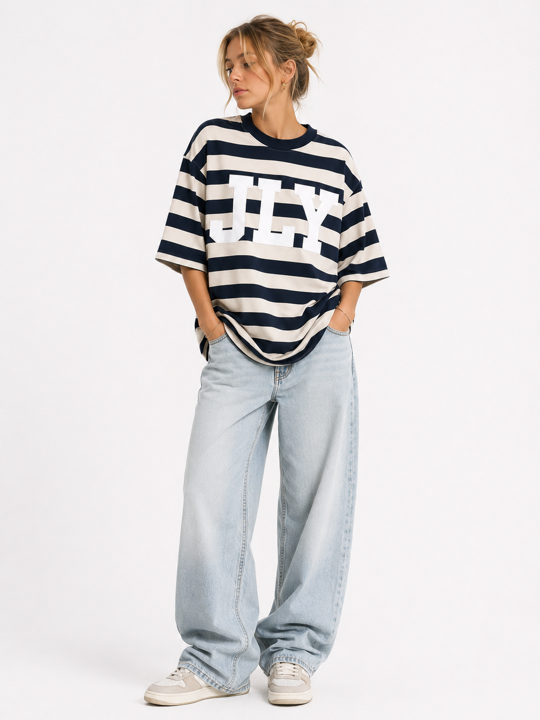 Oversized Jesus Loves You (JLY) Navy Striped T Shirt, Christian Apparel, Christian Tshirt