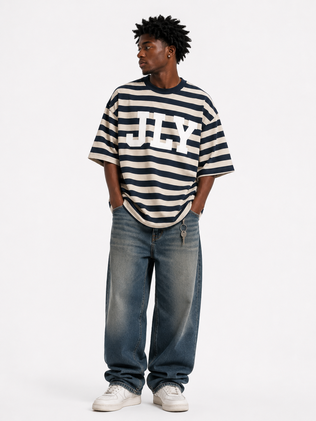 Oversized Jesus Loves You (JLY) Navy Striped T Shirt, Christian Apparel, Christian Tshirt