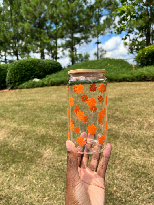 Handmade Libby Glass Cups with Orange Flowers - Permanent Vinyl Design